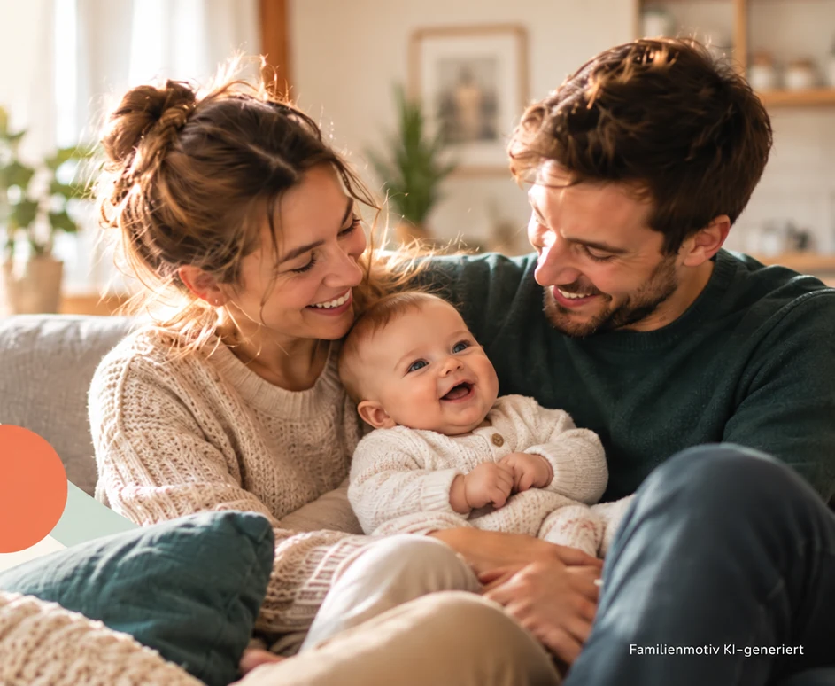 Junge Eltern sitzen gemeinsam mit ihrem lächelnden Baby auf dem Sofa